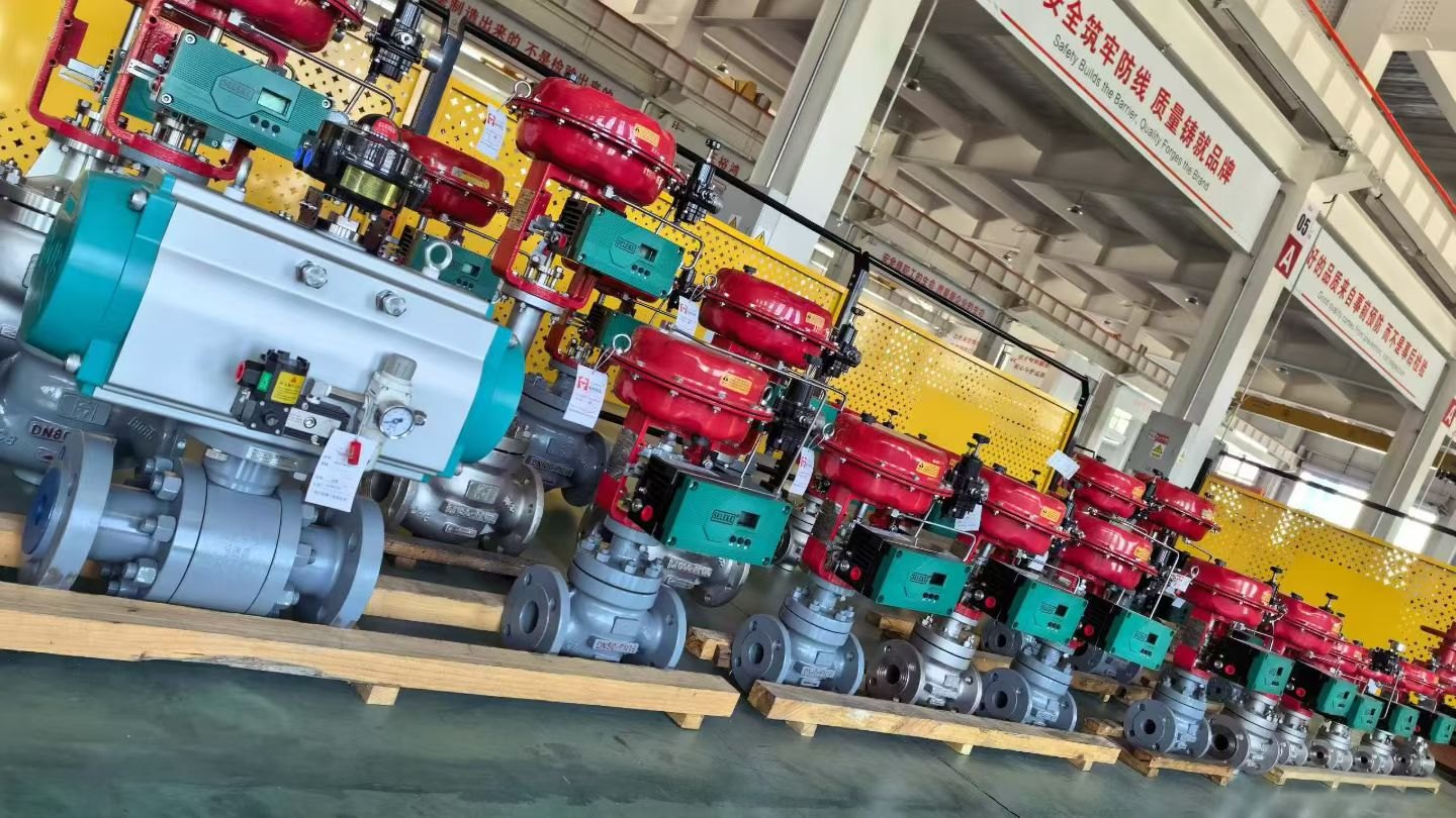 Industrial valves arranged in a manufacturing workshop
